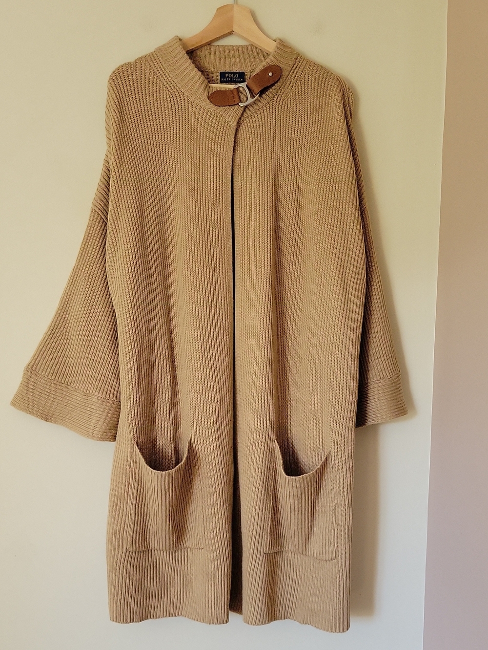Polo Ralph Lauren Women's Camel Tan Merino Wool Knit Cape Cardigan Coat Sweater